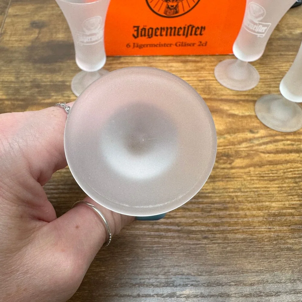Jagermeister Frosted Glass Shot Glasses Set of 6 with Original Box 2cl Stemmed